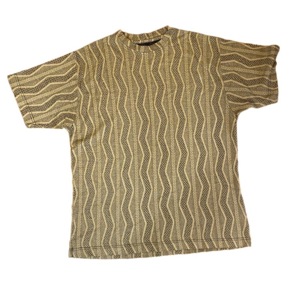 Vintage Style Tan & Brown Wavy Pattern Short Sleeve Sweater Shirt XL